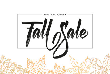 Handwritten brush type lettering of Fall Sale in frame on foliage background. Discount special offer