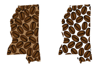 Mississippi (United States of America) -  map of coffee bean, Mississippi map made of coffee beans,
