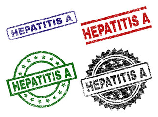 HEPATITIS A seal prints with distress texture. Black, green,red,blue vector rubber prints of HEPATITIS A tag with dust texture. Rubber seals with round, rectangle, medal shapes.