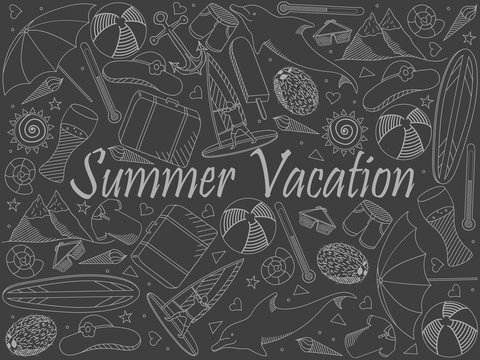 Line art objects piece of chalk. Theme of travel, summer vacation. Vector over white background