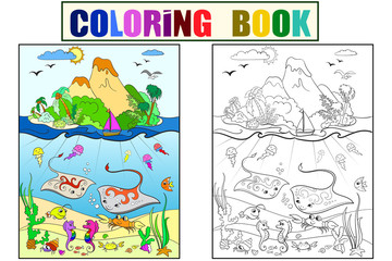 Underwater world with fish, plants, island and caravel coloring for children cartoon raster illustration