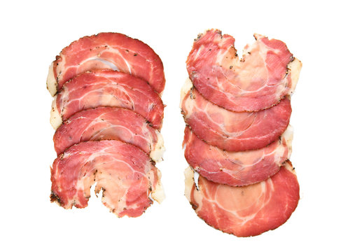 Sliced ham isolated on white background, top view