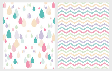 Abstract Vector Pattern Set. Colorful Rain Drops on a White Background. Multicolor Chevron on a White Background. Cute Simple Seamless Design.