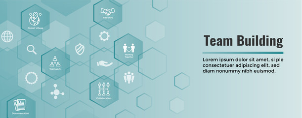 Team Building, Teamwork, - Connectivity Icon Set with Stick Figures and Intersections Web Header Banner