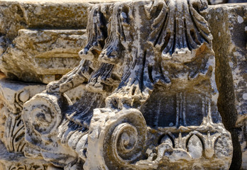Antique objects and structures in Ephesus close-up, Selcuk, Turkey