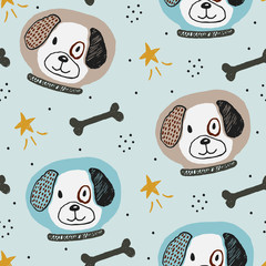 Space dog hand drawn childish illustration. Nursery pattern for textile or fabric.