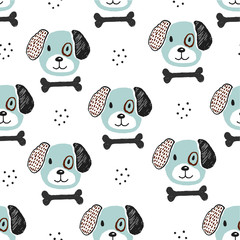 Dog and bone hand drawn childish illustration. Nursery pattern for textile or fabric