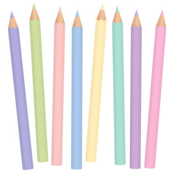 Pastel crayons. Soft, pale, faint, vague, desaturated color pencil set like baby blue, lavender, periwinkle, milky, mauve. Isolated vector illustration on white background.