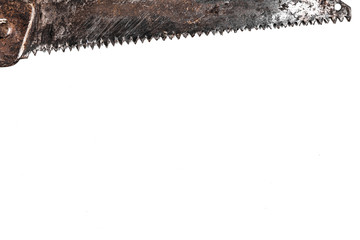 hand saw on wood lying on a white background