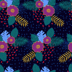 trendy seamless pattern with tropical leaves and flowers