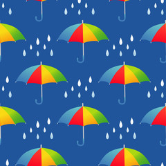 Fototapeta premium Seamless pattern with cartoon colorful umbrellas and rain cloud.
