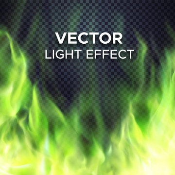 Burning Green Fire Flames On Transparent Background. Vector Special Light Effect