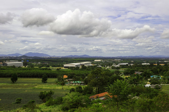Landscape of estate houde and factory in countryside of rayong Thailand.