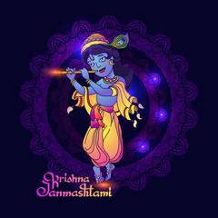 Krishna Janmashtami greeting card. Vector. Young Lord Krishna.
