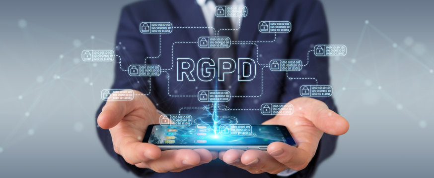 Businessman protecting his datas with GDPR law interface