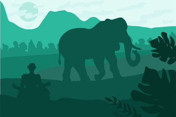 Indian Landscape With Elephant and Yog