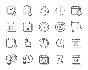 set of time relation vector line icon, such as calendar, reminder, day, year, event