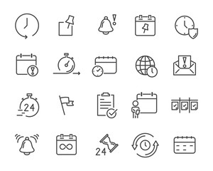set of time relation vector line icon, such as calendar, reminder, day, year, event
