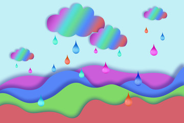 Rainbow cloud and multi-colored raindrops, hand-drawn