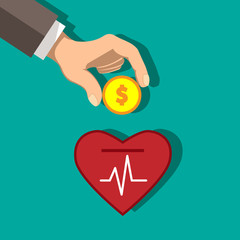 the hand puts money in the heart. concept of health promotion