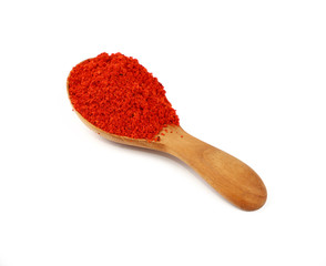 Wooden scoop spoon full of red hot chili pepper