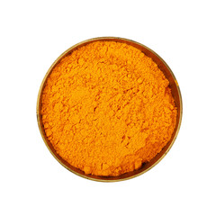 One bronze metal bowl full of yellow turmeric powder