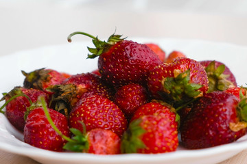Juicy appetizing tasty strawberry on a white plate. Close-up.