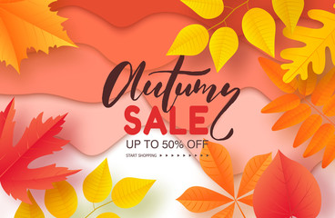 Autumn sale poster with colorful leaves . Vector illustration for banners, posters, email and newsletter designs, ads, coupons, promotional material.