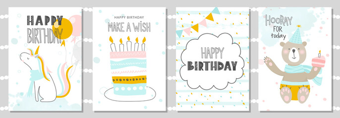 Set of Birthday greeting cards and party invitation templates with cute unicorn, bear and cake. Vector illustration