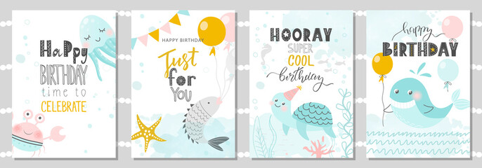 Set of Birthday greeting cards and party invitation templates with cute crab, octopus, fish, turtle and whale. Vector illustration. - obrazy, fototapety, plakaty