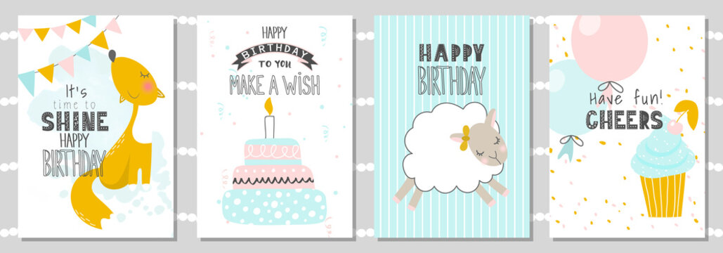 Set of Birthday greeting cards and party invitation templates with cute fox,sheep and cake. Vector illustration
