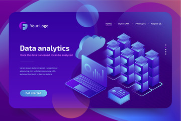 Concept business analytics of data financial graphs or diagrams, landing page template. Financial review with laptop. 3d isometric illustration.