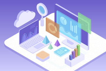 Concept business analytics, strategy of data financial graphs or diagrams. Financial review, Analysis data and Investment. 3d isometric illustration.