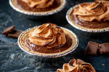 small individual chocolate pudding pies with toasted meringue tips © Lynne Ann Mitchell