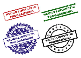 NEURO-LINGUISTIC PROGRAMMING seal prints with corroded surface. Black, green,red,blue vector rubber prints of NEURO-LINGUISTIC PROGRAMMING caption with retro surface. Rubber seals with circle,