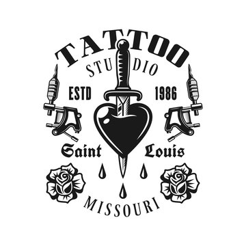 Tattoo studio vector emblem, heart pierced knife