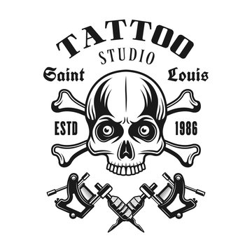 Tattoo studio vector emblem with skull and bones