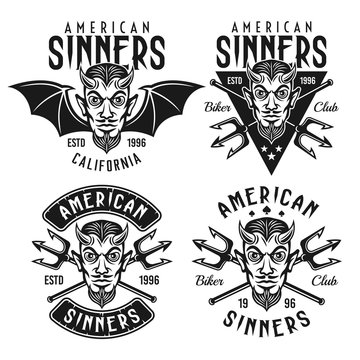 Biker club vector emblems with horned devil head