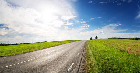 Fototapeta na wymiar asphalt road panorama in countryside on sunny spring day