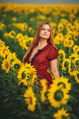 Fototapeta premium Beautiful girl in a huge yellow field of sunflowers.