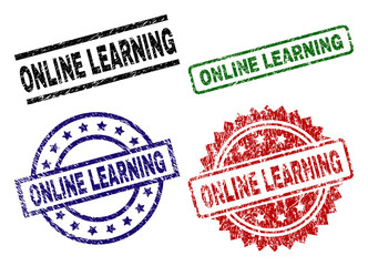 ONLINE LEARNING seal prints with damaged texture. Black, green,red,blue vector rubber prints of ONLINE LEARNING label with retro texture. Rubber seals with round, rectangle, rosette shapes.