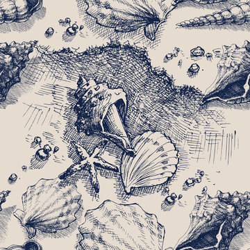 Beach seamless pattern. Sand and sea shells monochrome graphic design