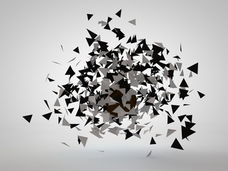 3D illustration of a geometric figure, a square and a pyramid, in a cloud of flying fragments. Abstract image. 3D rendering on white background, isolated
