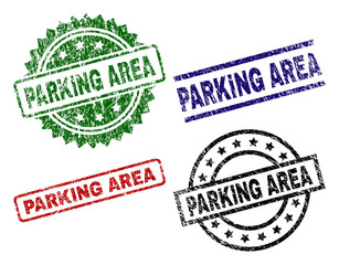 PARKING AREA seal prints with corroded texture. Black, green,red,blue vector rubber prints of PARKING AREA title with corroded surface. Rubber seals with circle, rectangle, medallion shapes.