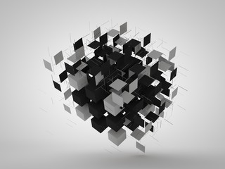 3D illustration of a geometric figure, a square and a pyramid, in a cloud of flying fragments. Abstract image. 3D rendering on white background, isolated