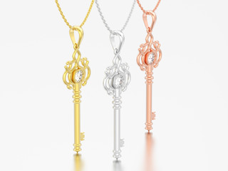Fototapeta na wymiar 3D illustration three different gold decorative keys necklaces on chains with diamonds