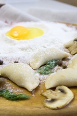 Traditional Russian food dumplings or vareniki, dough with meat or other stuffing, with flour and egg served on a table with sour cream, mushrooms and fresh vegetables, garlic sauce. traditional