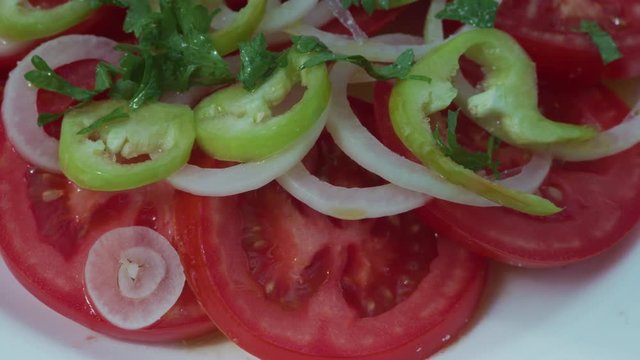 Tomato, onion and peper salad on a white plate