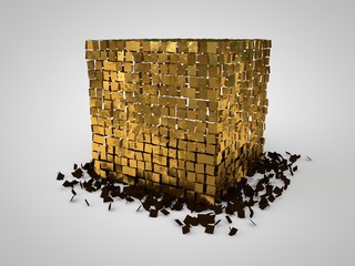 this is an illustration of a Golden cube divided into many squares, parts, fragments. and flying black shards. 3D rendering on white background, isolated
