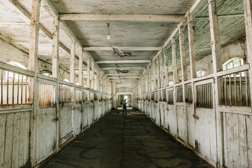 Inside old wooden stable or barn with horse boxes, tunnel or corridor view